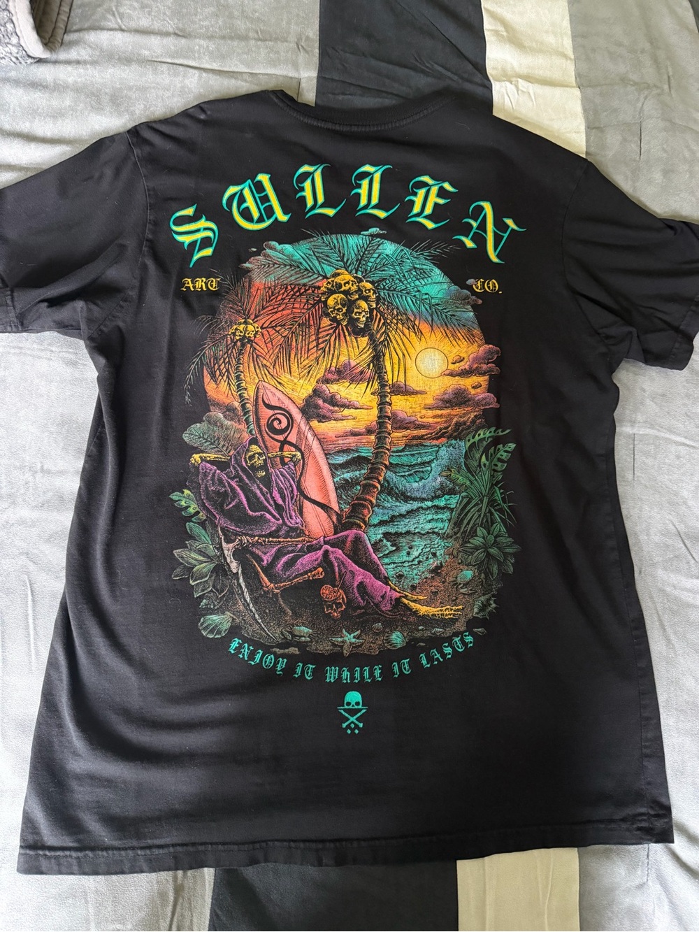 Sullen Black Graphic Tee with Tropical Sunset Print